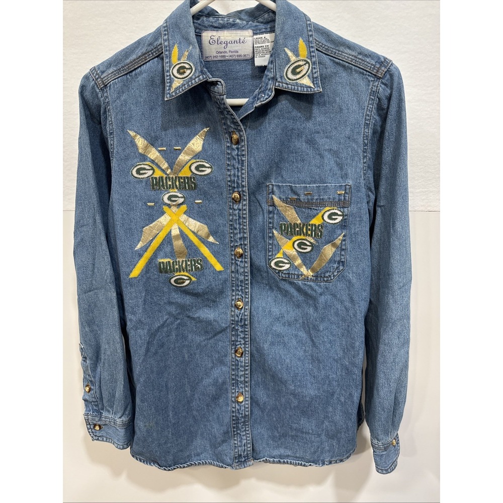 Elegant‎ Denim Button Down Shirt Green Bay Packers Designs Size Small